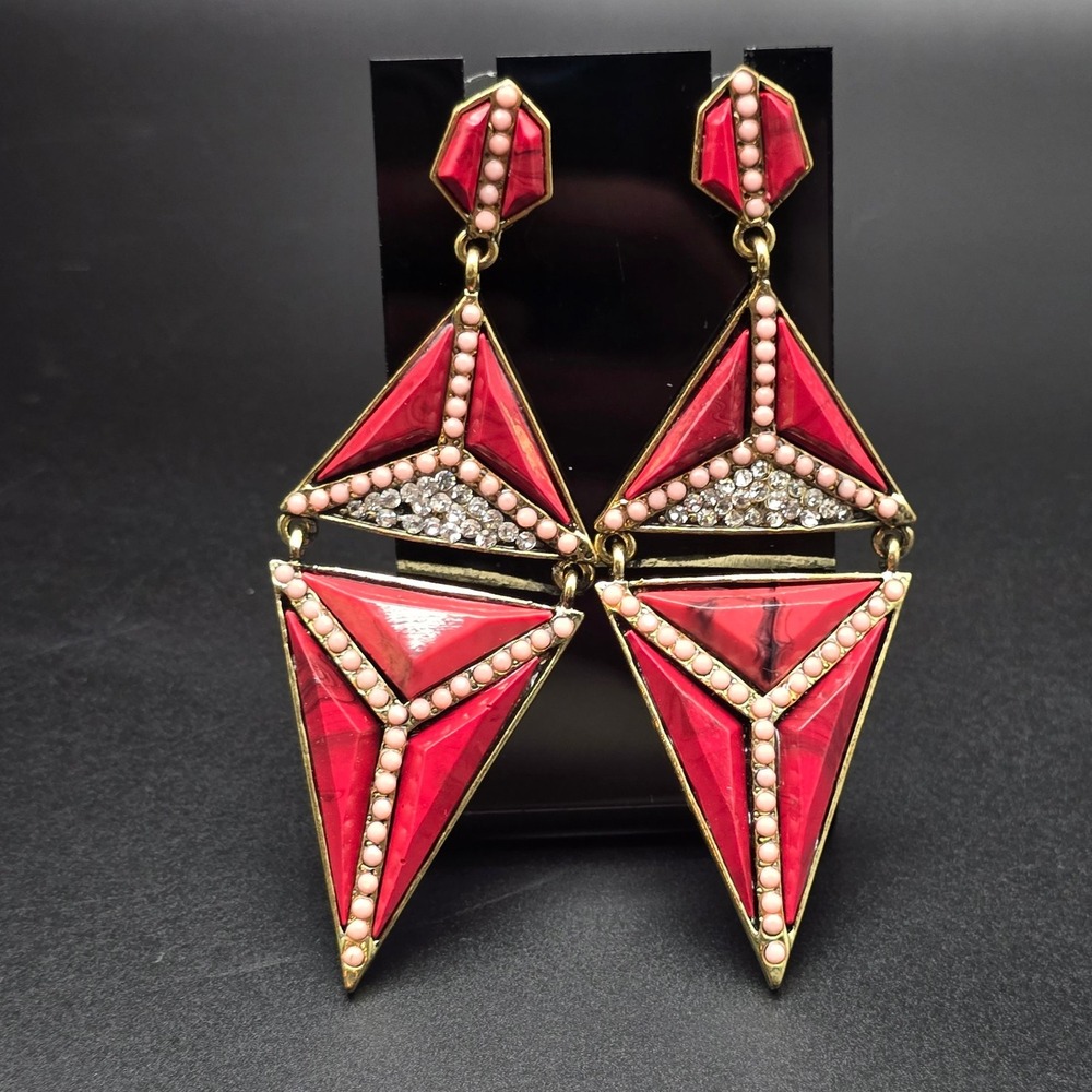 Red Pink Rhinestone Geometric Earrings Triangular